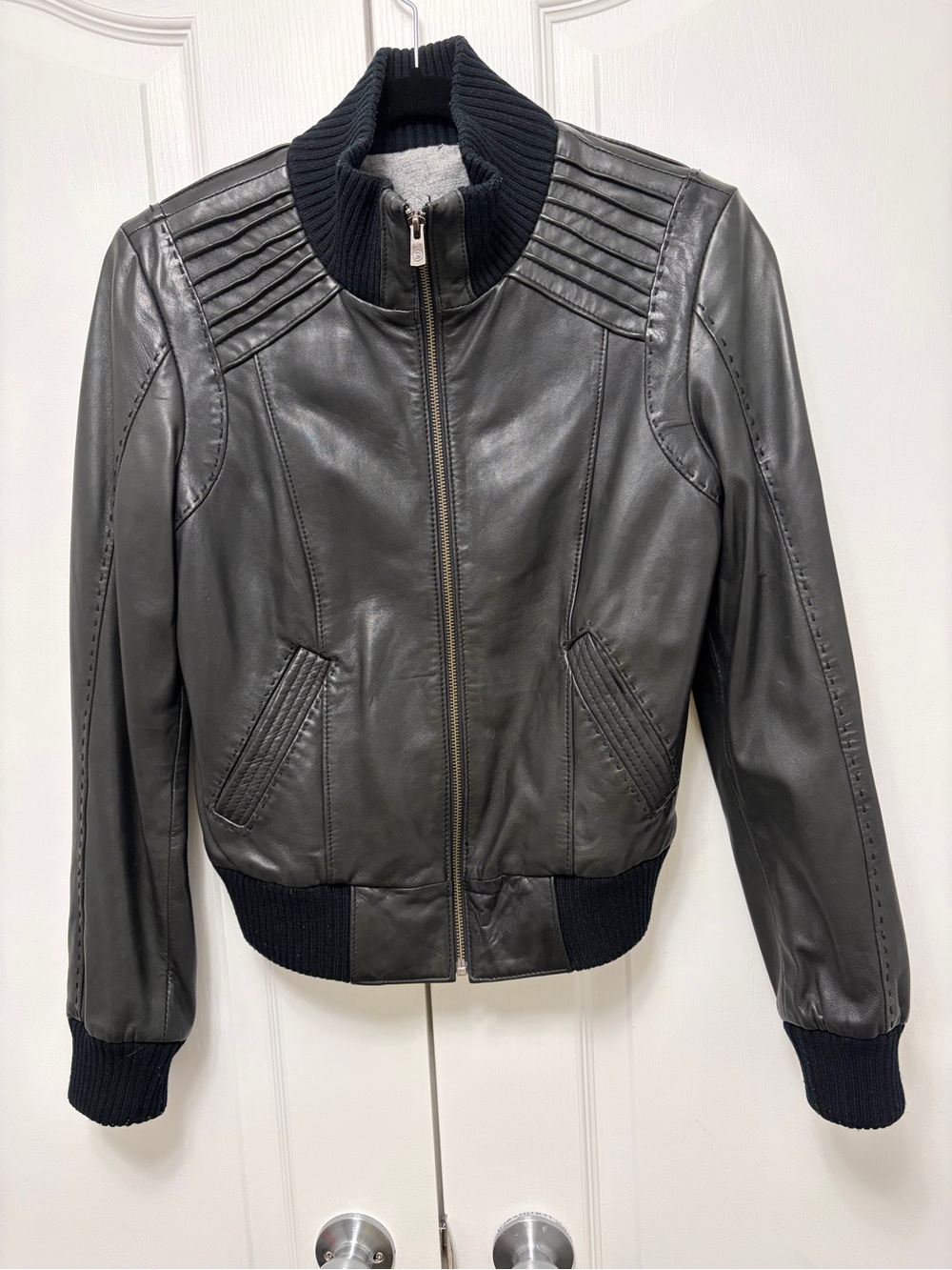 Danier Black Leather Bomber Jacket with Rib Knit Collar